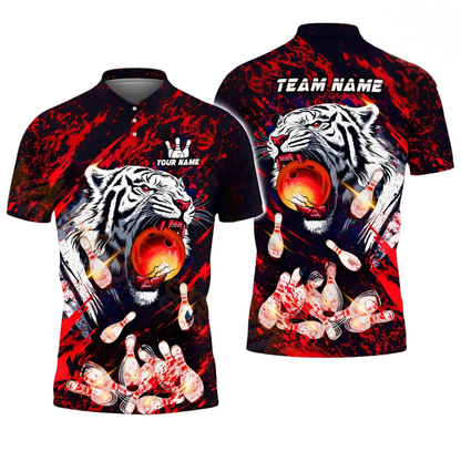 Custom Tiger Flame Ball Bowling Mens Polo Shirt, Custom Tiger Bowling Team Shirts BZ0529