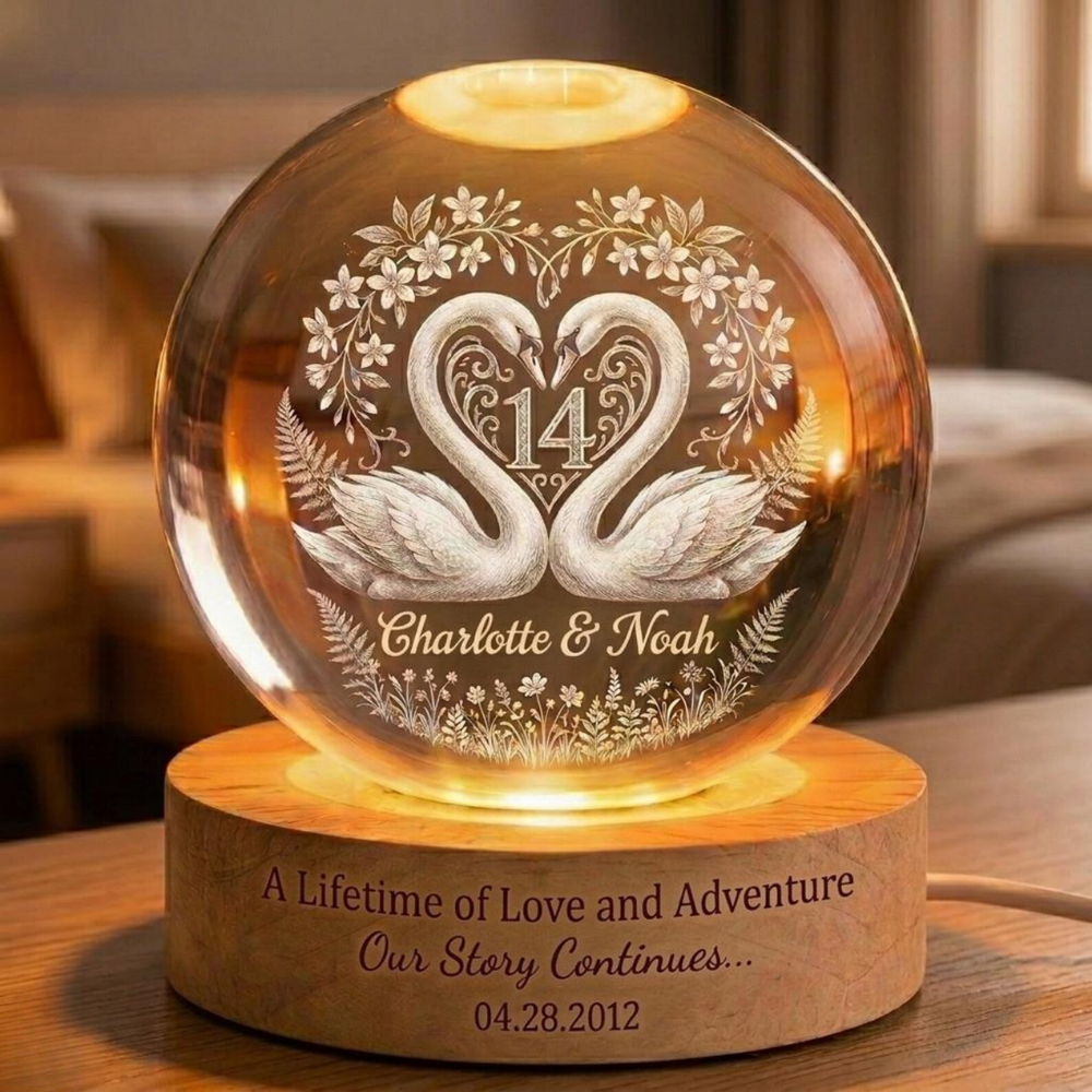 Custom Swan Couple 14th Wedding Anniversary Crystal Ball Led Night Light, Custom 14 Years Anniversary Night Light WD0864