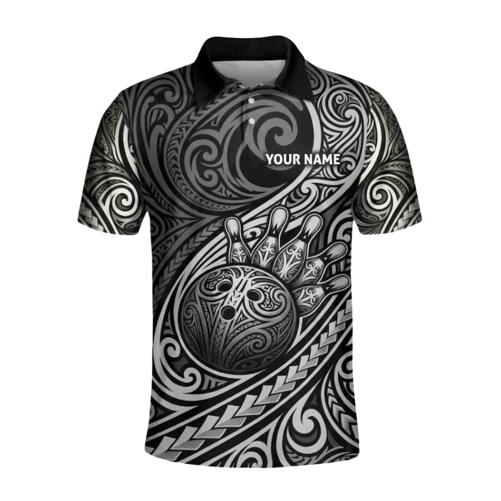 Custom Tribal Black Silver Bowling Polo Shirt For Men, Custom Tribal Bowling Team Shirt BZ0933