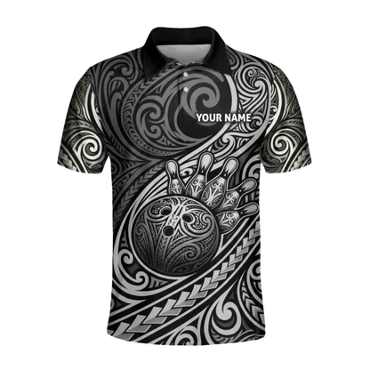 Custom Tribal Black Silver Bowling Polo Shirt For Men, Custom Tribal Bowling Team Shirt BZ0933