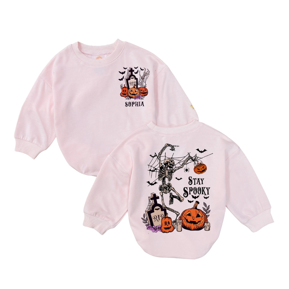 Custom Name Stay Spooky Skeleton Halloween Baby Romper Sweater, Personalized Halloween Baby Romper Sweatshirt BB0218