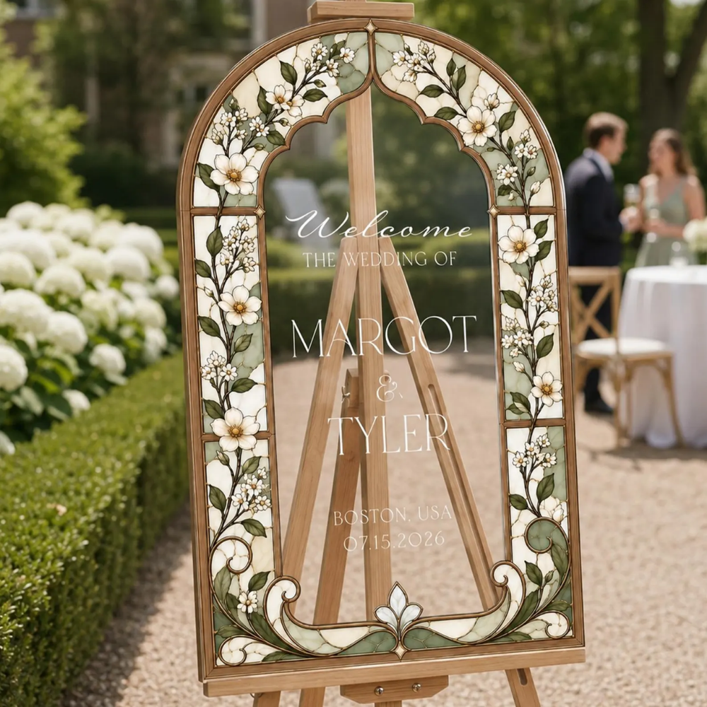 Personalized Navy Blue Stained Glass White Blossom Wedding Welcome Acrylic Sign, Custom Floral Stained Glass Wedding Sign WD0693