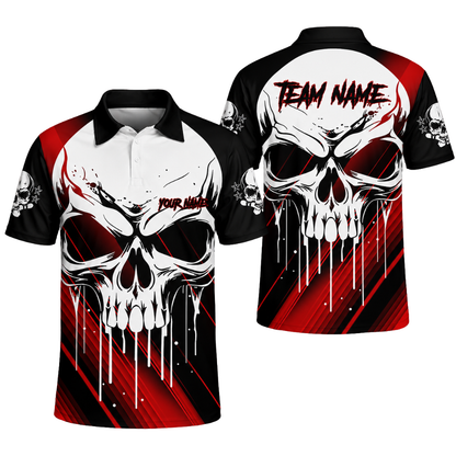 Custom Skull Men's Black Blue Bowling Polo Shirt, Custom Team Skull Bowling Shirts BZ0469