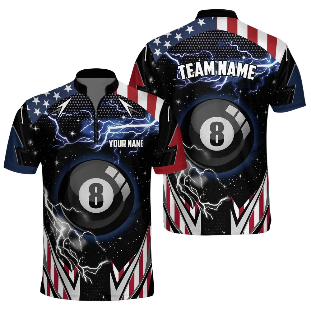 American Flag Custom Thunder Lightning 8 Ball Billiard Mens Jersey, Custom Patriotic Billiard Team Shirts BIZ0174