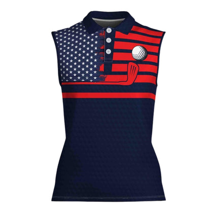 American Flag Women's Sleeveless Golf Shirt, Patriotic Golf Shirts For Women GE0268