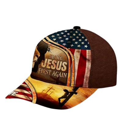 Make Jesus First Again Custom Lion American Flag Baseball Cap, Custom Lion Christian 3D Printed Hat CP0461