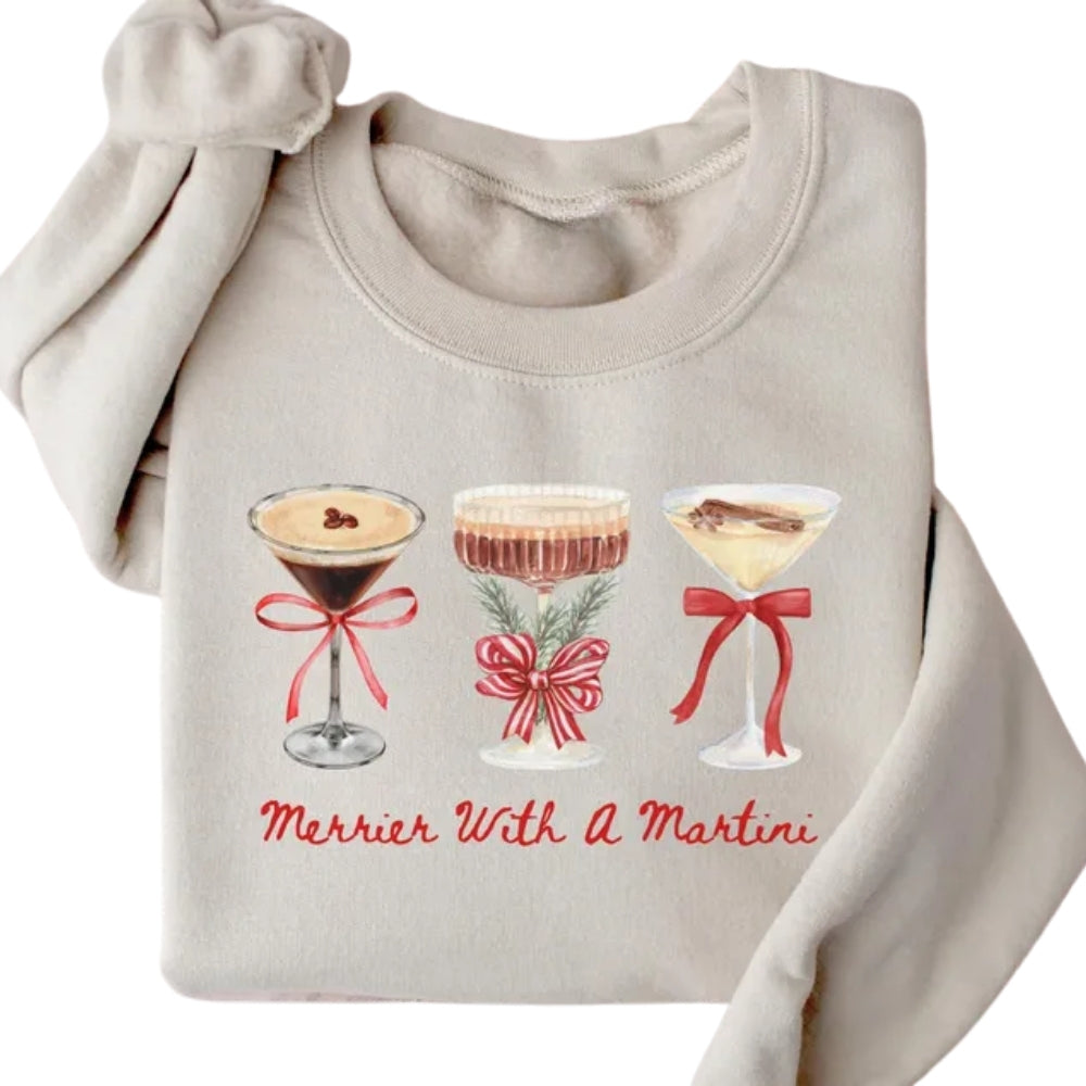 Merrier With A Martini Sweatshirt, Christmas Espresso Martini Bow Sweatshirt 2D0337
