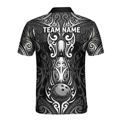 Custom Tribal Black Silver Bowling Polo Shirt For Men, Custom Tribal Bowling Team Shirt BZ0933