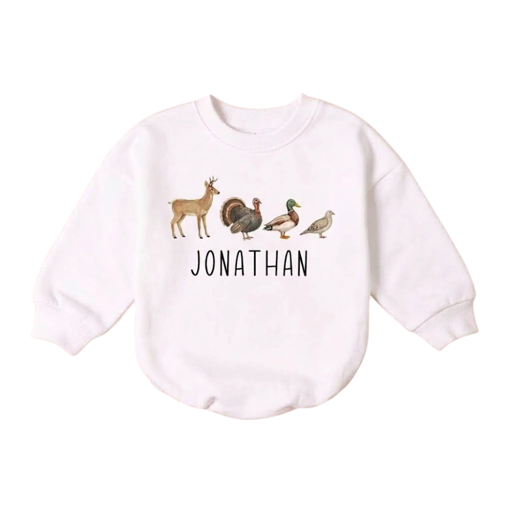 Deer Mallard Duck Turkey Custom Hunting Baby Romper Sweatshirt, Custom Wildlife Hunting Baby Sweater BB0851