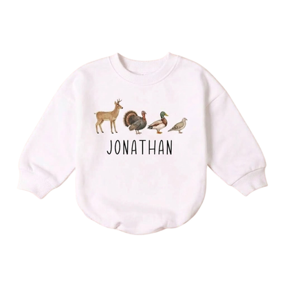 Deer Mallard Duck Turkey Custom Hunting Baby Romper Sweatshirt, Custom Wildlife Hunting Baby Sweater BB0851