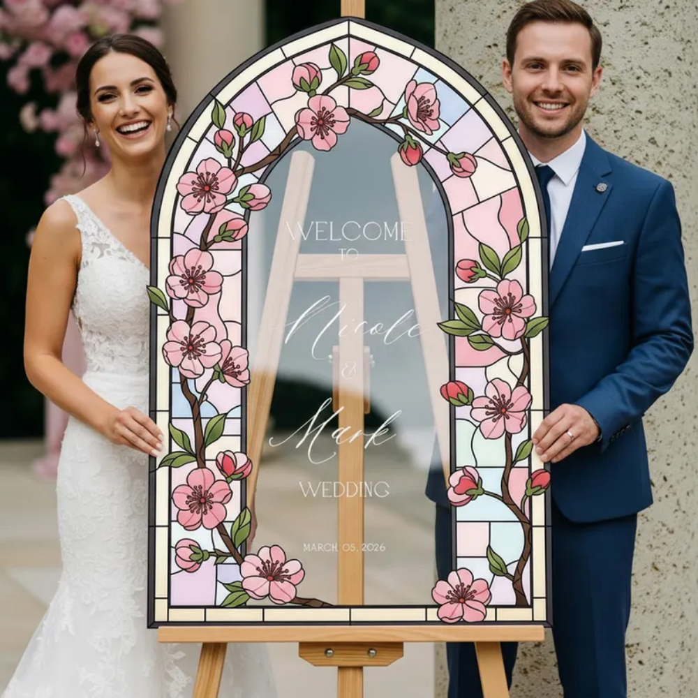 Personalized Cherry Blossom Stained Glass Wedding Acrylic Signs, Personalized Floral Wedding Stained Glass Welcome Sign WD0756