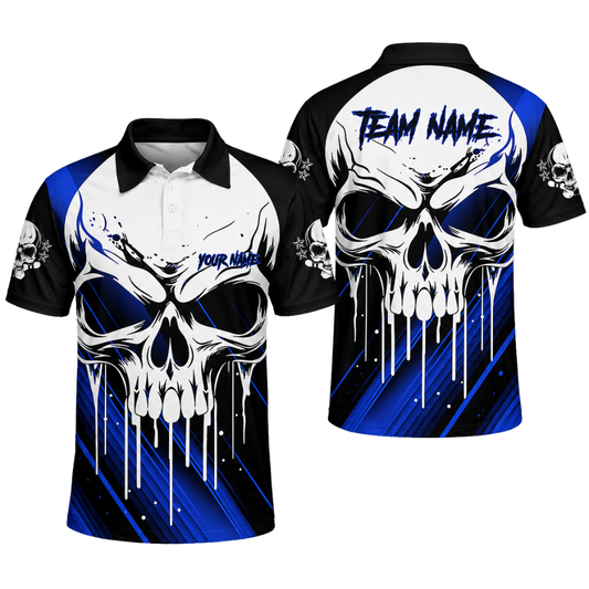 Custom Skull Men's Black Blue Bowling Polo Shirt, Custom Team Skull Bowling Shirts BZ0469