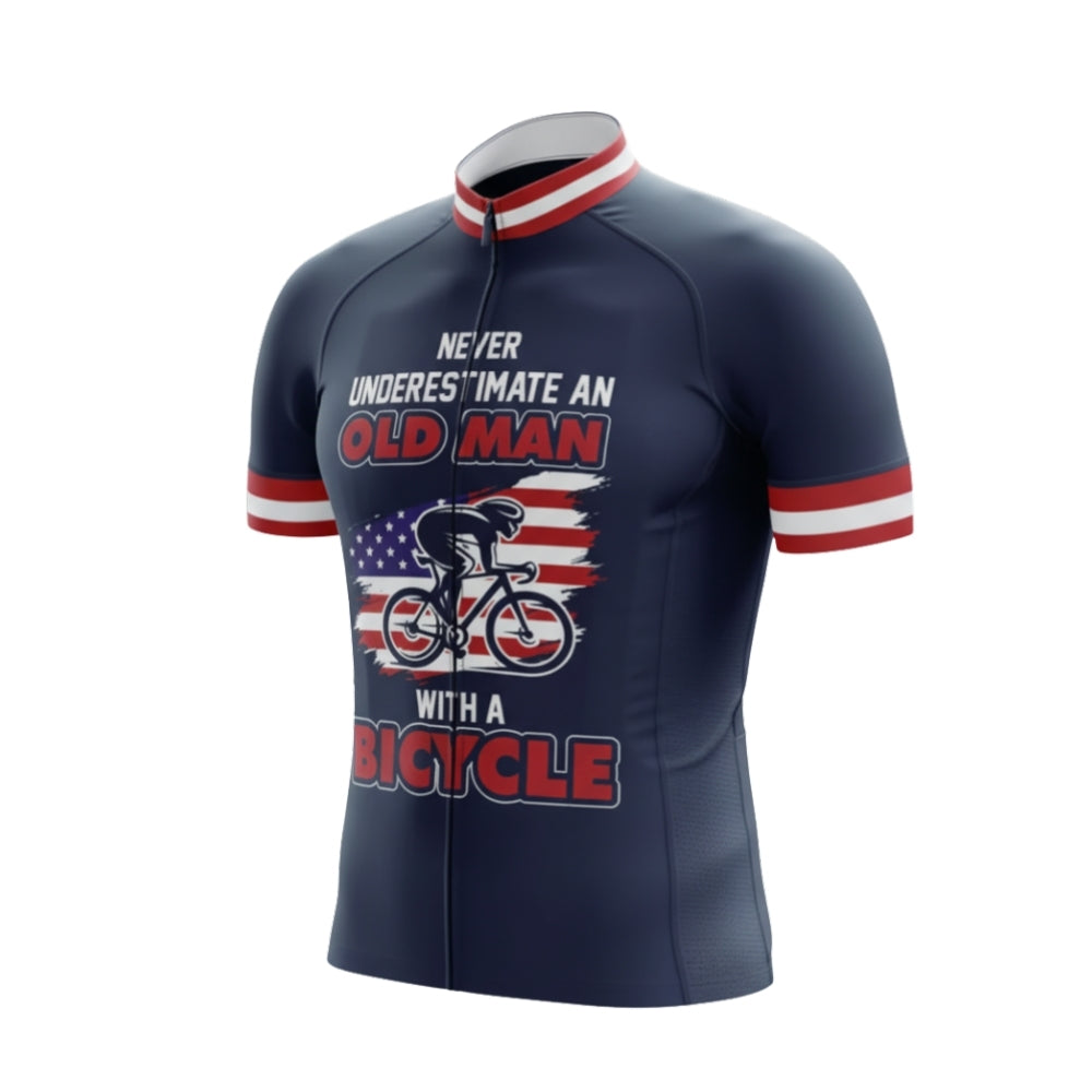 Never Underestimate An Old Man With A Bicycle USA Flag Cycling Jersey Short Sleeve For Men, Patriotic Funny Cycling Jerseys CG0749