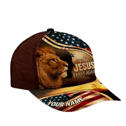Make Jesus First Again Custom Lion American Flag Baseball Cap, Custom Lion Christian 3D Printed Hat CP0461