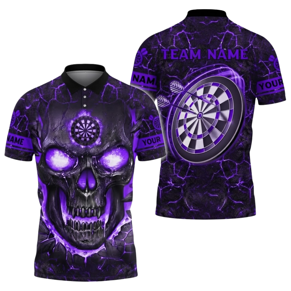 Custom Skull Magma Mens Dart Polo Shirt Black Blue, Custom Skull Darts Team Shirt DZ0139