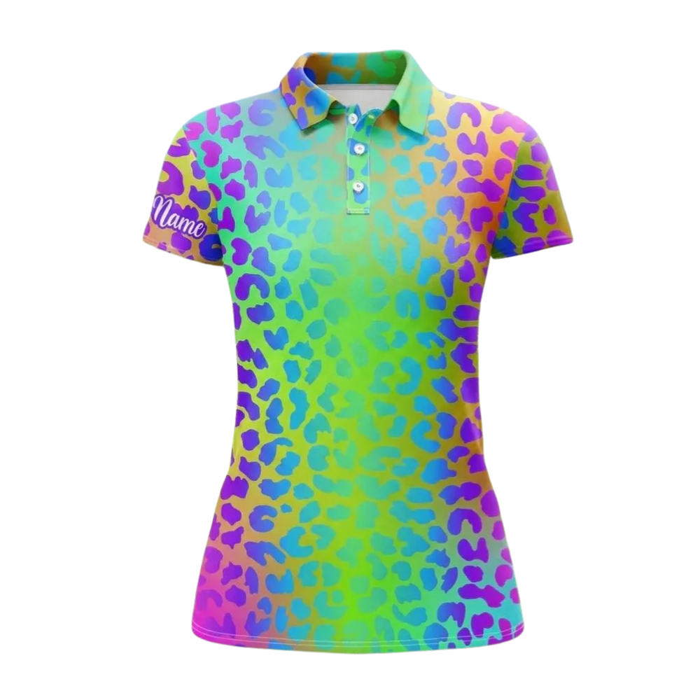 Neon Leopard Golf Women Polo Shirt, Colorful Leopard Golf Shirts For Ladies GE0433