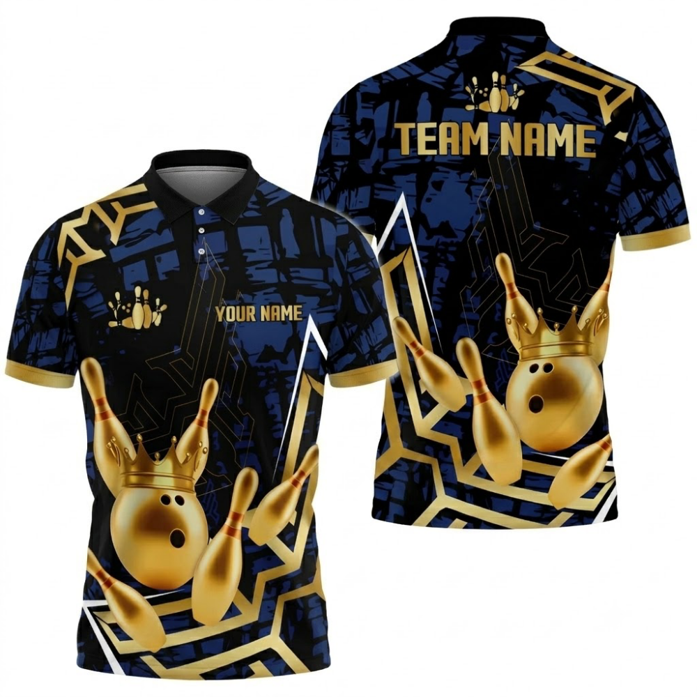 Golden Pins And Ball Custom Mens Bowling Polo Shirt, Custom Team Bowling Shirts BZ0752