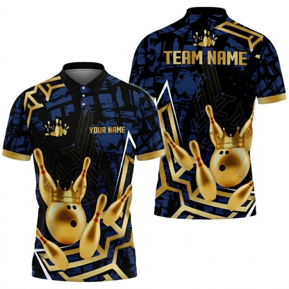 Golden Pins And Ball Custom Mens Bowling Polo Shirt, Custom Team Bowling Shirts BZ0752