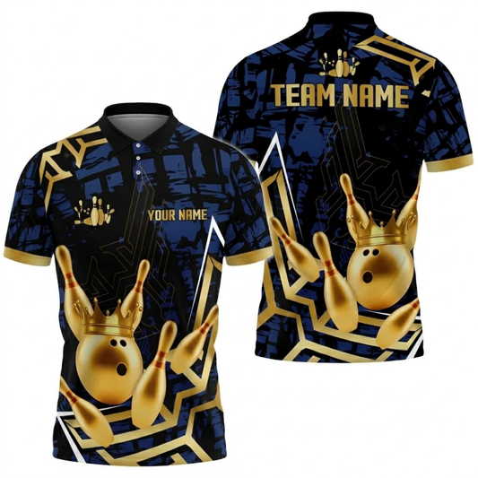 Golden Pins And Ball Custom Mens Bowling Polo Shirt, Custom Team Bowling Shirts BZ0752