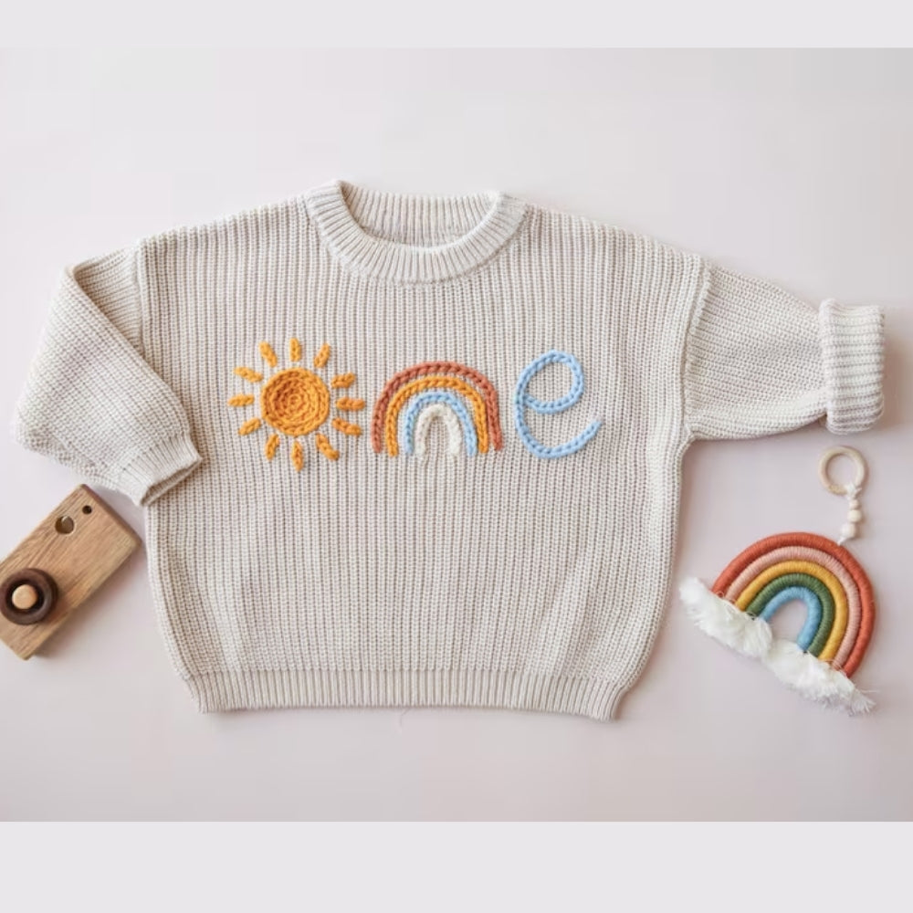 One Sunshine Baby Embroidered Knit Sweater, Sun First Birthday Sweatshirt For Baby BB0755