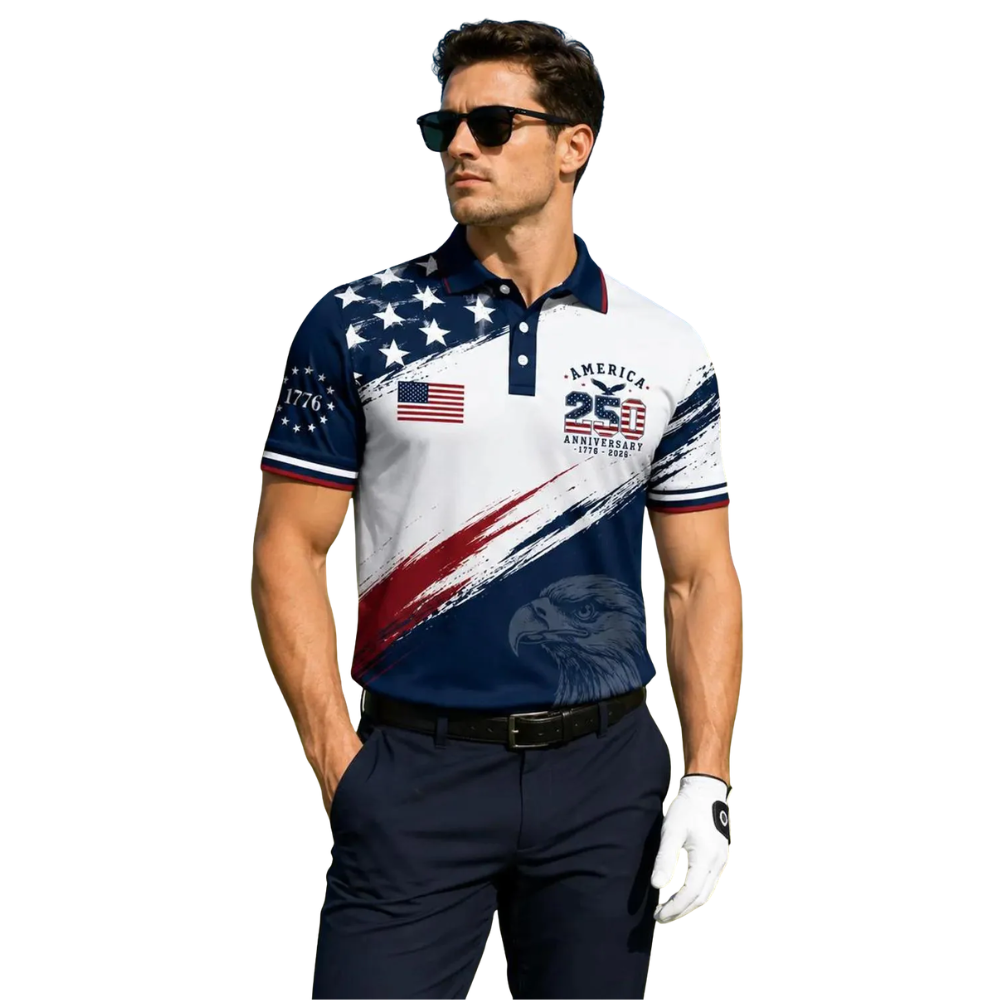 American Flag 250 Years Of Freedom 1776-2026 Men's Golf Polo Shirt, 4th Of July Golf Shirts GE0508