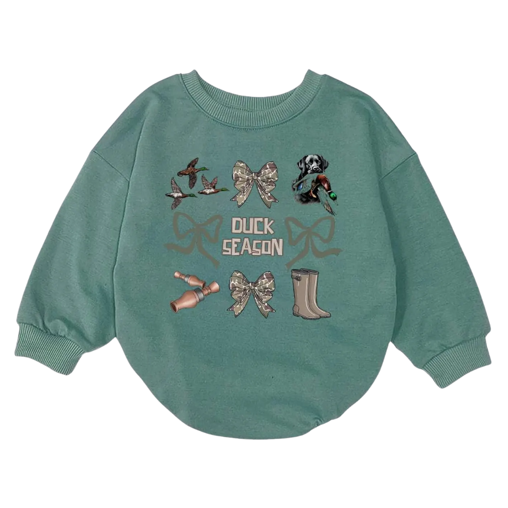 Duck Season Camo Coquette Bow Baby Romper Sweatshirt, Baby Duck Hunting Romper Sweatshirt BB0119