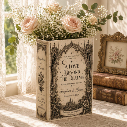 A Love Beyond The Realms Custom Fantasy Castle Wedding Ceramic Book Vase, Custom Gothic Wedding Book Vase WD0574
