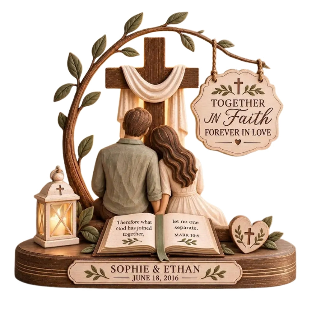 Together In Faith Forever In Love Custom Bible Verse Couple Wooden Block, Custom Christian Wedding Anniversary Wooden Plaque WD0776
