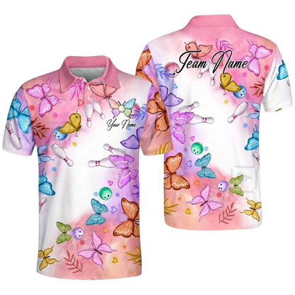 Custom Mens Butterflies Bowling Polo Shirt, Custom Butterfly Bowling Team Shirt Pink White BZ0566