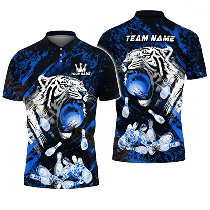 Custom Tiger Flame Ball Bowling Mens Polo Shirt, Custom Tiger Bowling Team Shirts BZ0529
