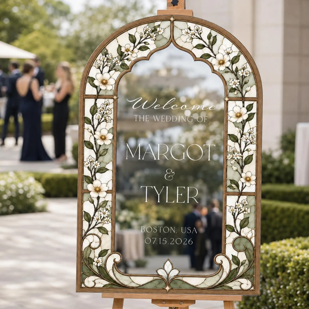 Personalized Navy Blue Stained Glass White Blossom Wedding Welcome Acrylic Sign, Custom Floral Stained Glass Wedding Sign WD0693