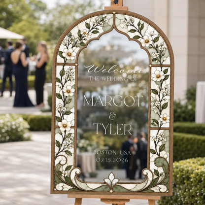 Personalized Navy Blue Stained Glass White Blossom Wedding Welcome Acrylic Sign, Custom Floral Stained Glass Wedding Sign WD0693