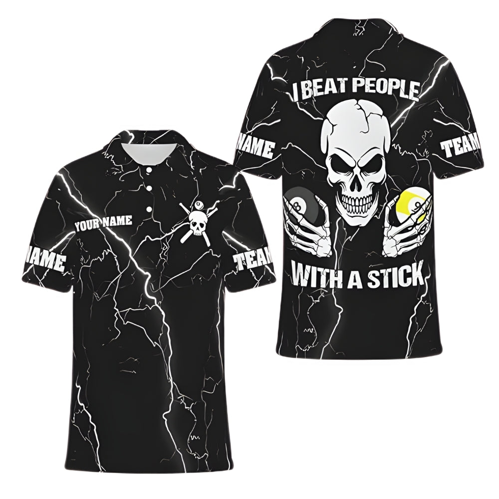 I Beat People With A Stick Custom Skull Billiard Mens Polo Shirt, Custom Funny Skull Billiard Shirts For Team BIZ0240
