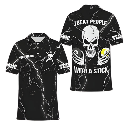 I Beat People With A Stick Custom Skull Billiard Mens Polo Shirt, Custom Funny Skull Billiard Shirts For Team BIZ0240