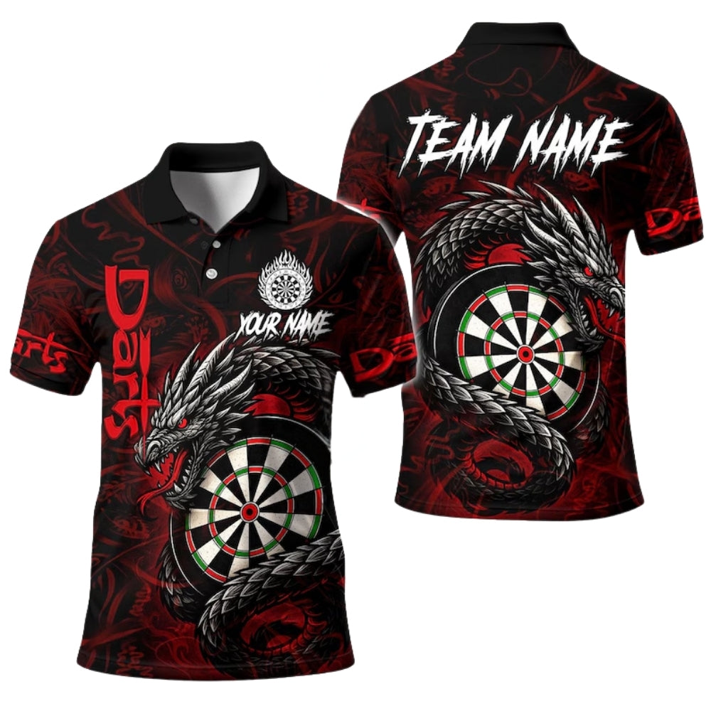 Custom Dragon Black Red Darts Polo Shirt For Men, Custom Dragon Darts Team Shirts DE0020