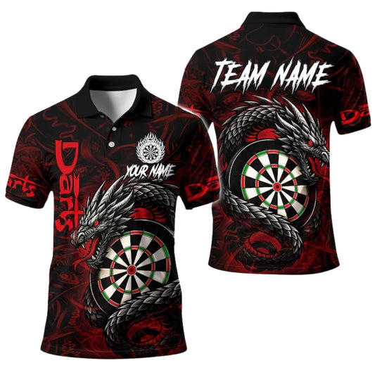 Custom Dragon Black Red Darts Polo Shirt For Men, Custom Dragon Darts Team Shirts DE0020