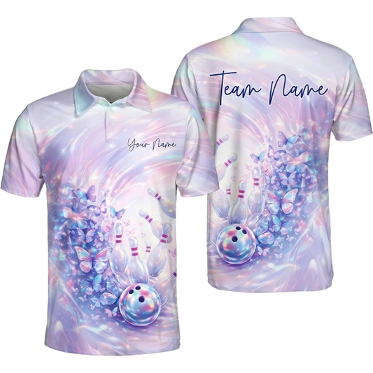Women's Custom Butterfly Hologram Bowling Polo Shirt, Custom Butterfly Bowling Team Shirts For Ladies BZ0498