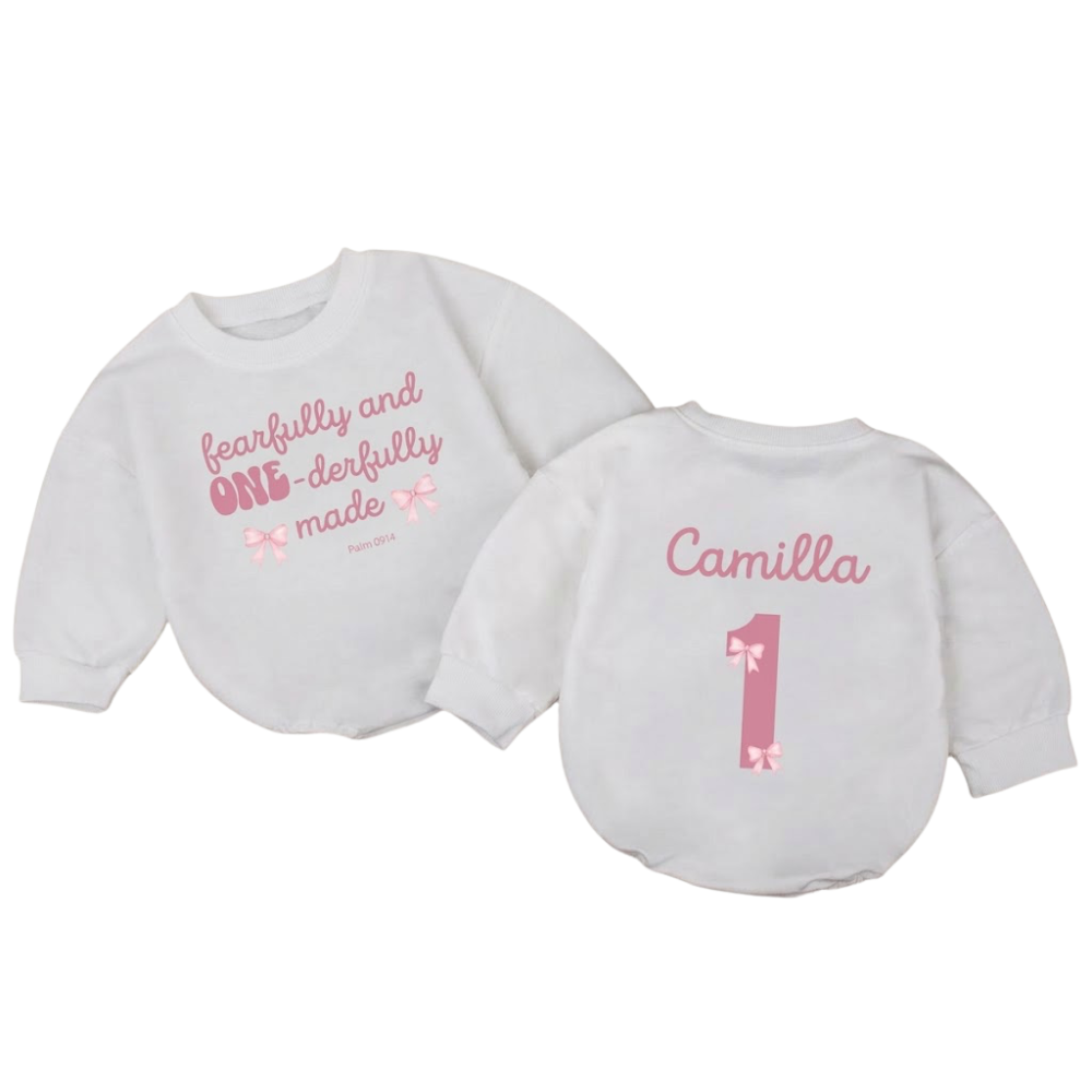 Fearfully And Wonderfully Made Psalm 139:14 Baby Romper Sweatshirt, First Birthday Christian Baby Romper Sweatshirt BB0747