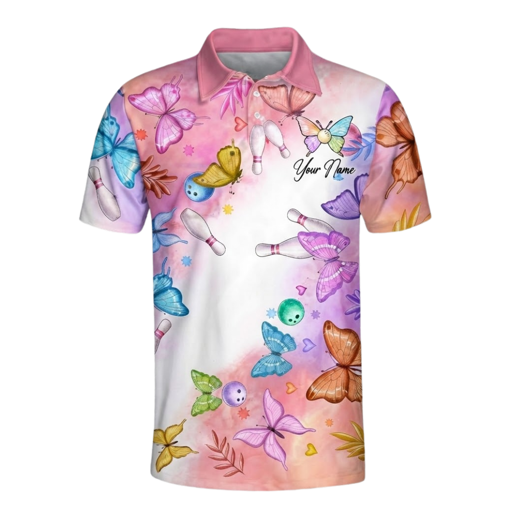 Custom Mens Butterflies Bowling Polo Shirt, Custom Butterfly Bowling Team Shirt Pink White BZ0566