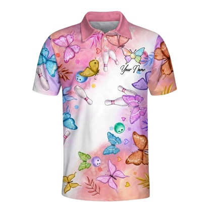 Custom Mens Butterflies Bowling Polo Shirt, Custom Butterfly Bowling Team Shirt Pink White BZ0566