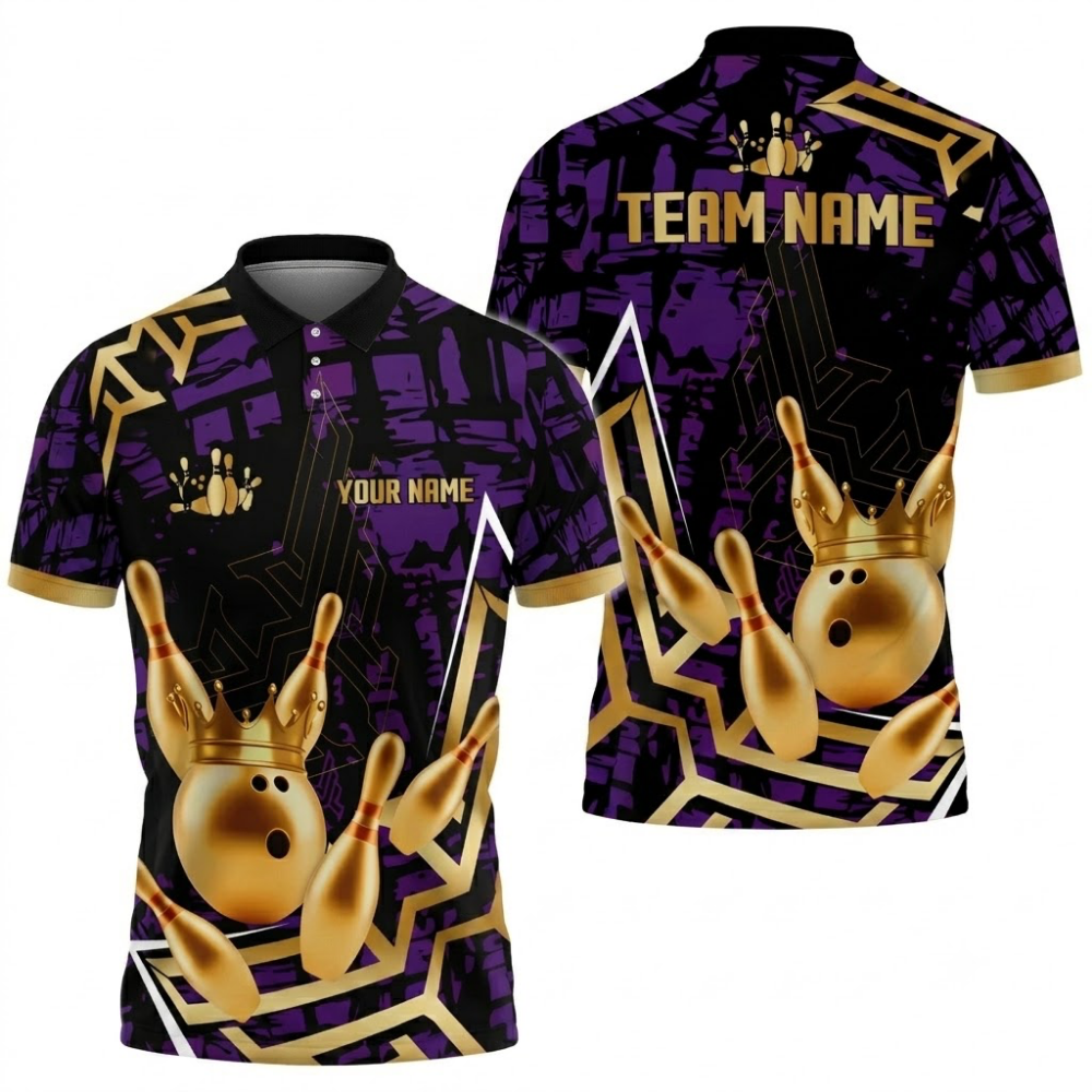 Golden Pins And Ball Custom Mens Bowling Polo Shirt, Custom Team Bowling Shirts BZ0752
