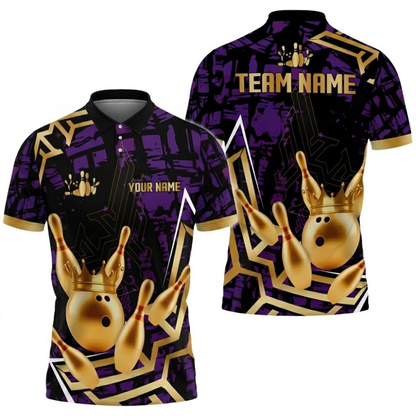Golden Pins And Ball Custom Mens Bowling Polo Shirt, Custom Team Bowling Shirts BZ0752