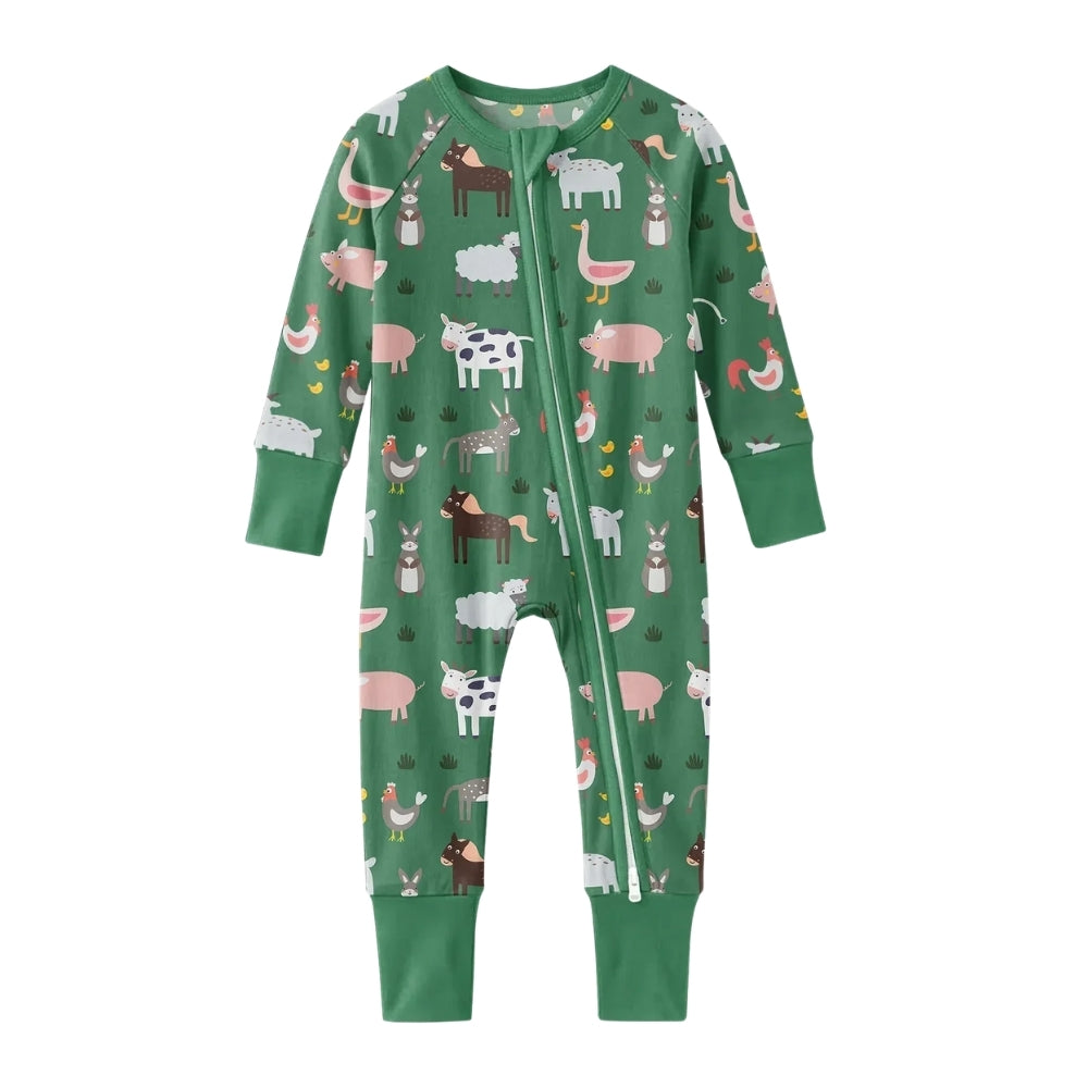 Farm Animal Green Baby Convertible Zipper Romper, Animal Farm Baby Romper Convertible BB0659
