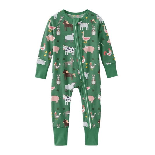 Farm Animal Green Baby Convertible Zipper Romper, Animal Farm Baby Romper Convertible BB0659