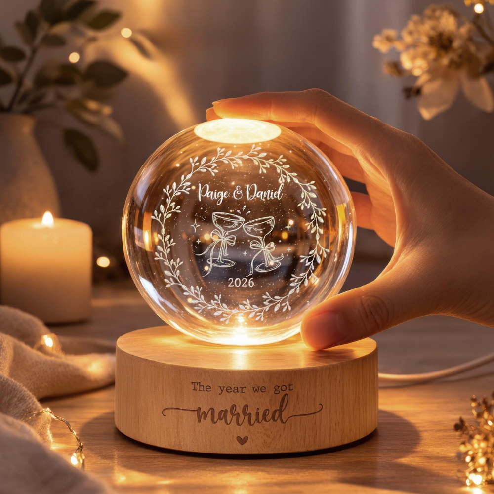 The Year We Got Married Custom Engaged Year Crystal Ball Led Night Light, Custom Engagement Night Light For Newly Couple WD0865