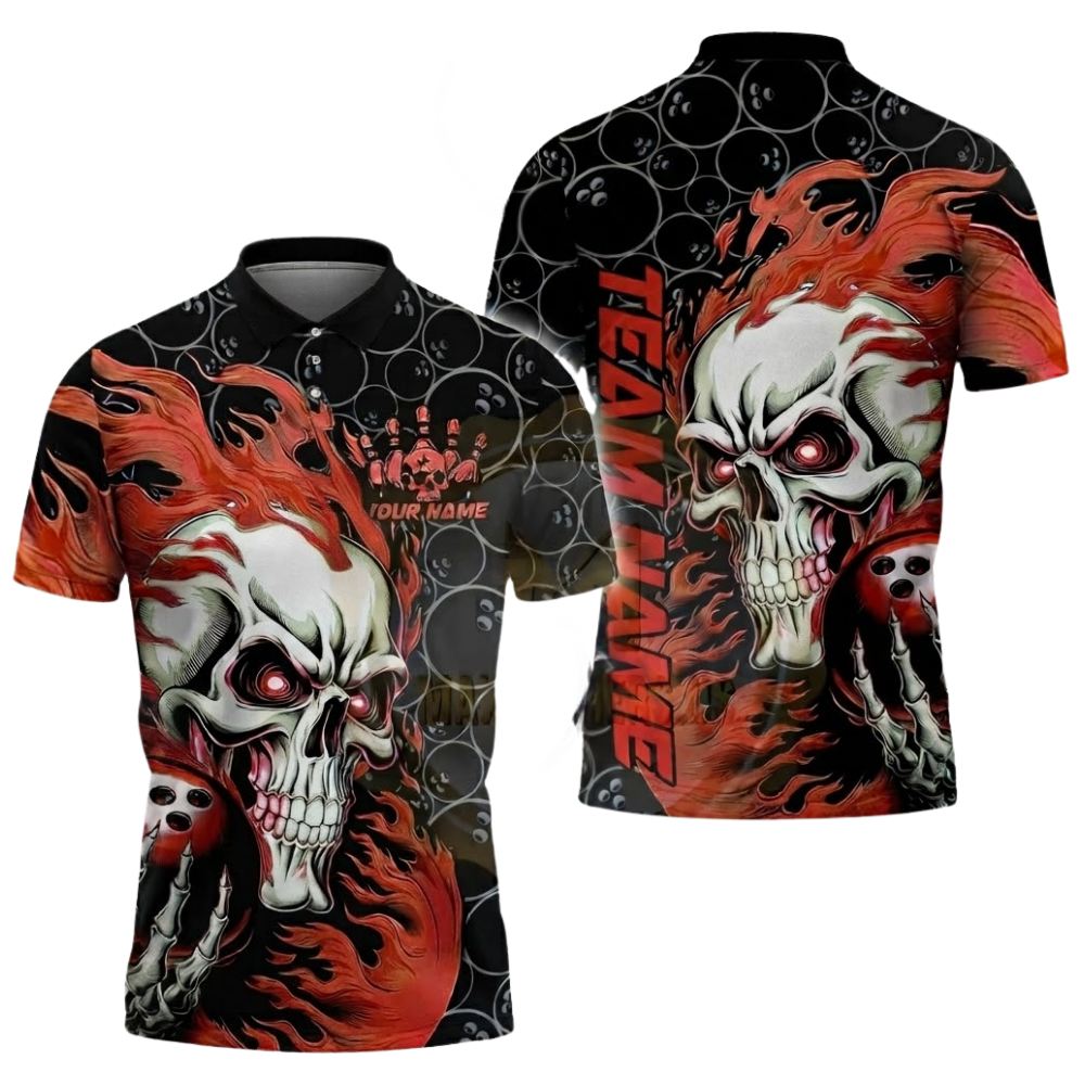 Custom Skull Mens Black Red Bowling Polo Shirt, Custom Skull Flame Bowling Shirts Team BZ0597