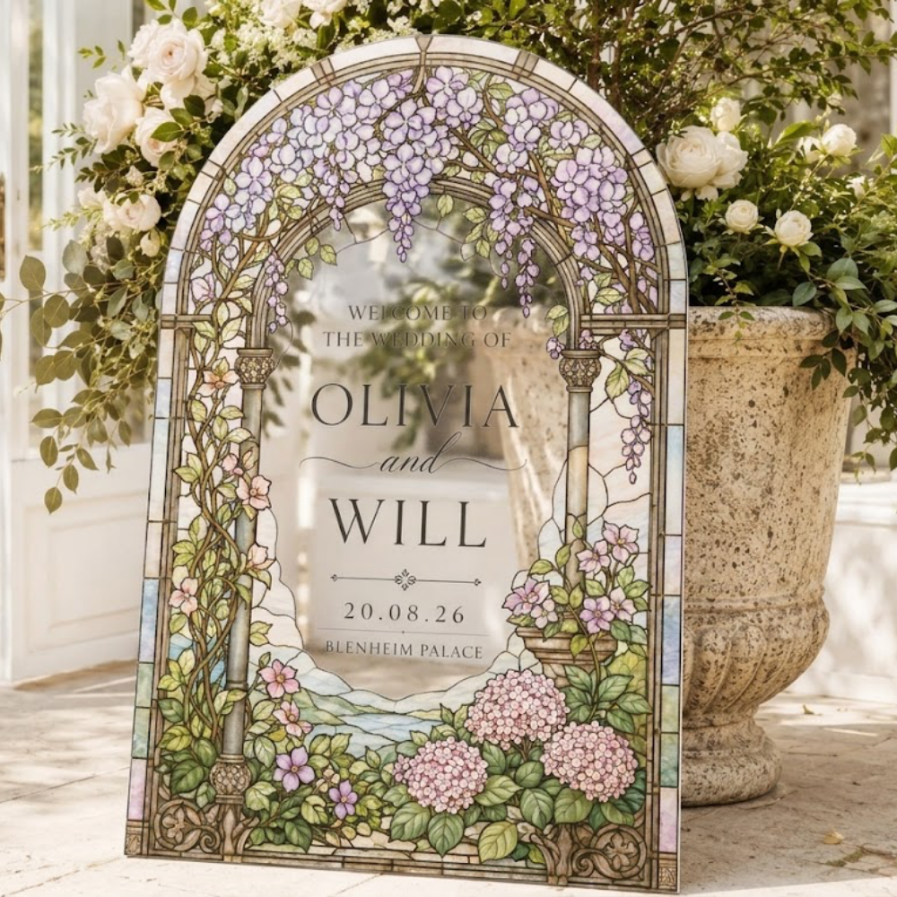 Personalized Flower Garden Stained Glass Wedding Welcome Acrylic Sign, Personalized Floral Wedding Sign WD0757