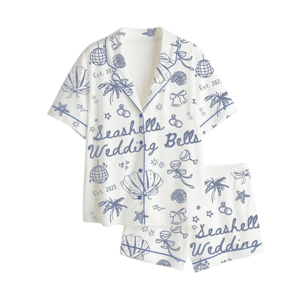 Seashells Wedding Bells Custom Year Bride Bridesmaid Pajamas Set For Bachelorette Party, Custom Beach Bachelorette Pajamas WD0188