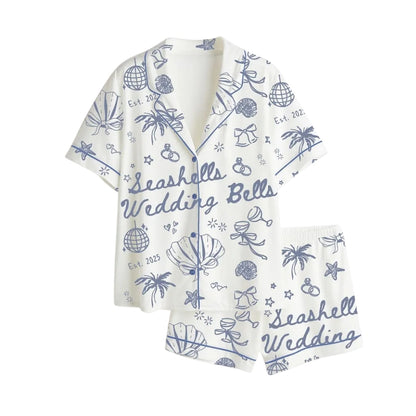 Seashells Wedding Bells Custom Year Bride Bridesmaid Pajamas Set For Bachelorette Party, Custom Beach Bachelorette Pajamas WD0188