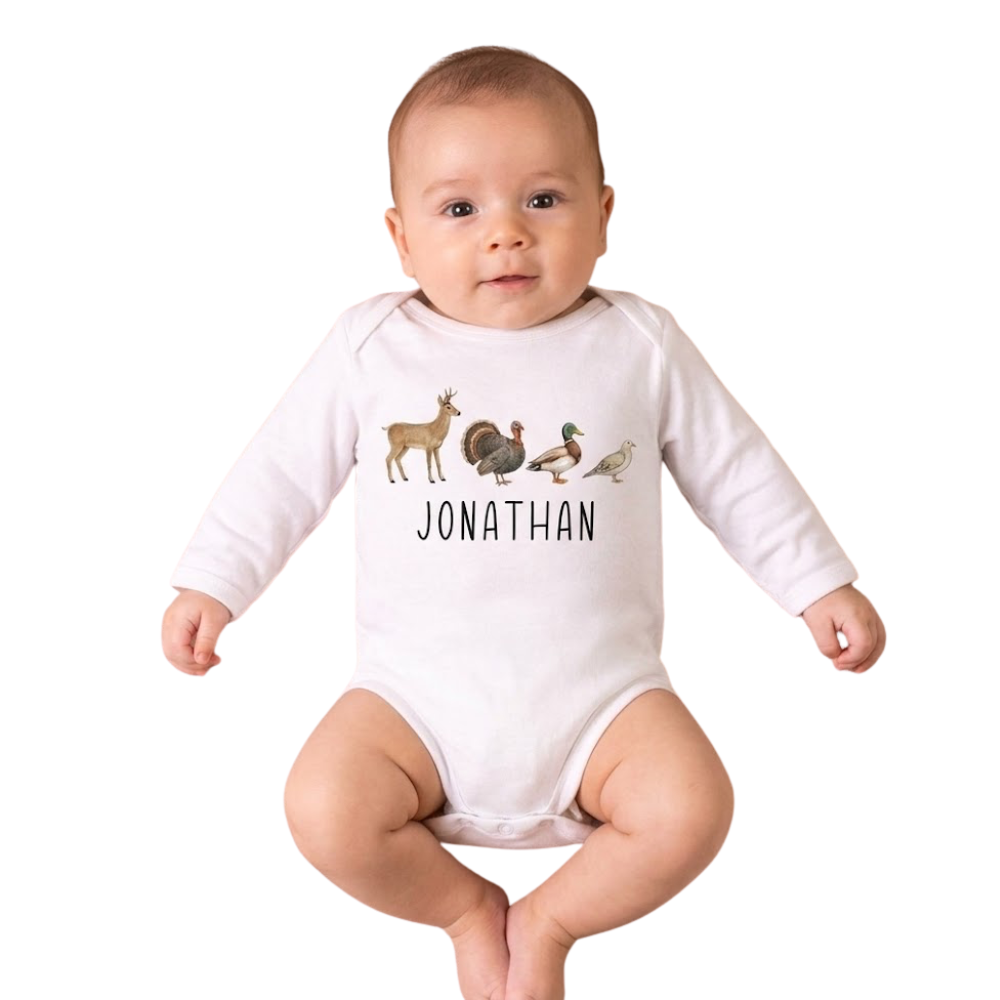 Deer Mallard Duck Turkey Custom Hunting Baby Romper Sweatshirt, Custom Wildlife Hunting Baby Sweater BB0851